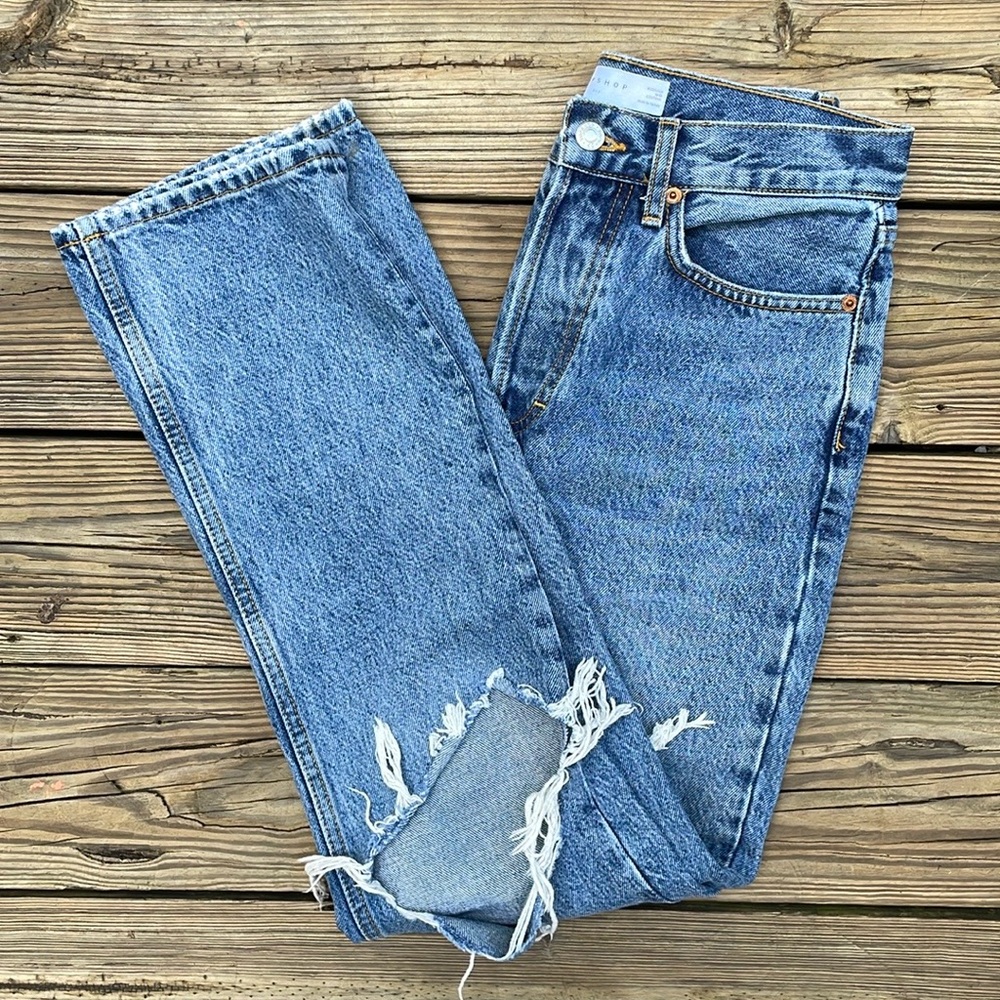 Topshop Medium Wash Distressed Dad Jeans